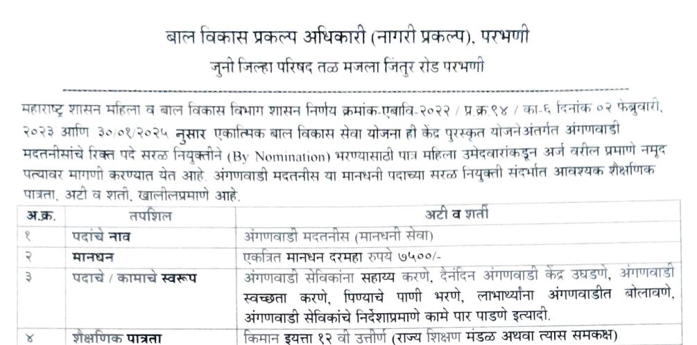 Mahila Bal vikas Anganwadi Madatnis Bharti
